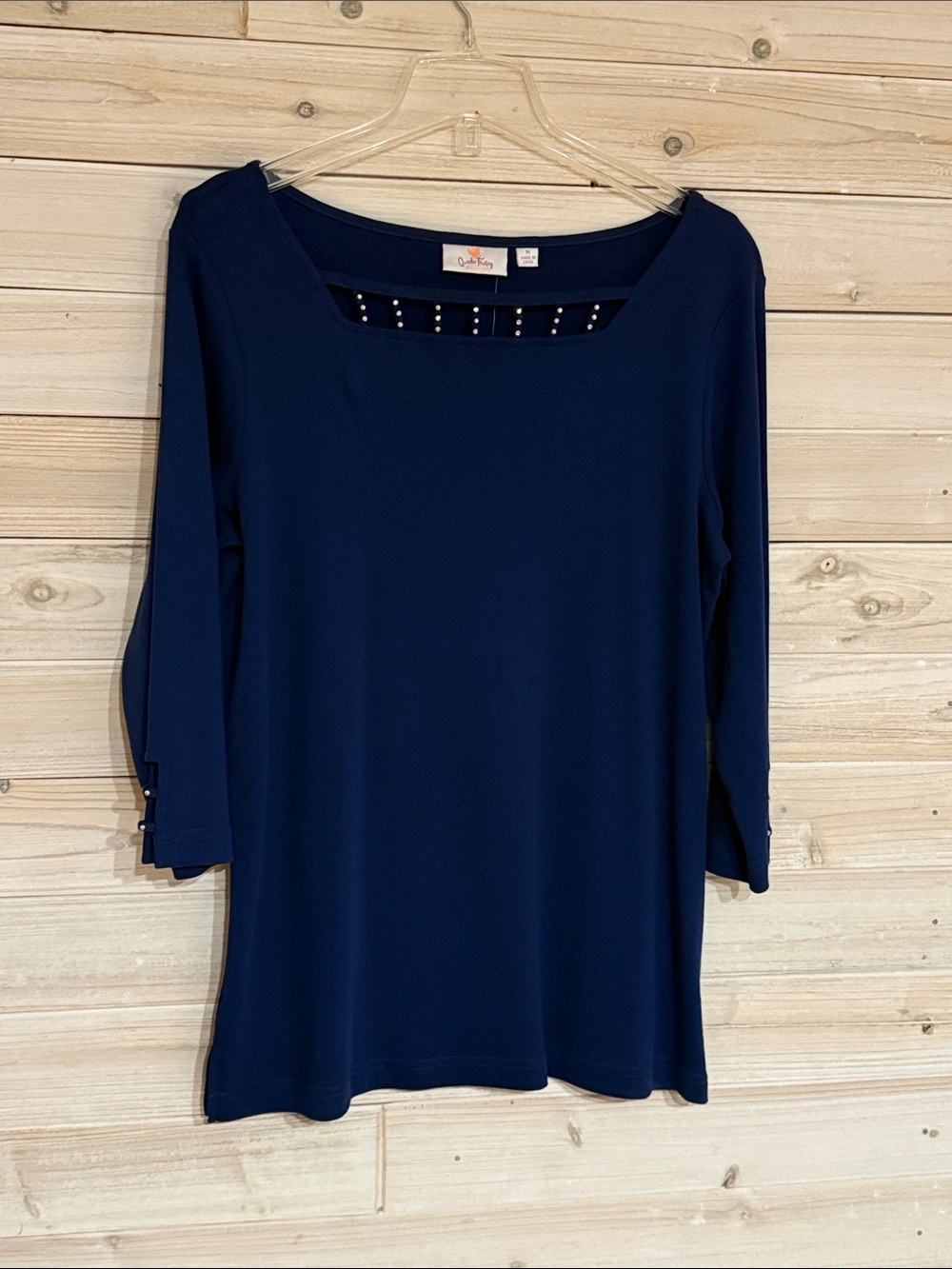 3/$29, Navy Three-Quarter Sleeve Studded Scoop Neck Top